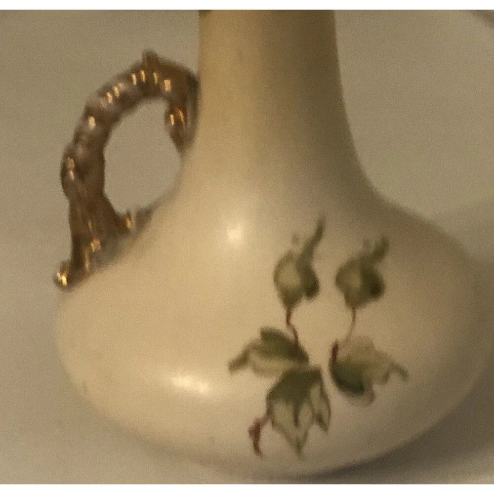 Antique Art Nouveau Ewer Austria Pink Floral Pitcher 5 1/4”h gold Handle